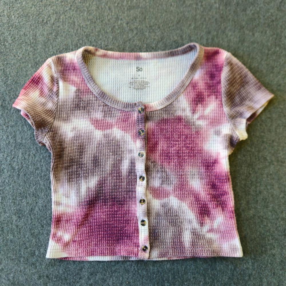 Tie Dye Waffle Knit Henley Crop Top Size Medium 90s Y2K Flowerchild 70s Boho EUC